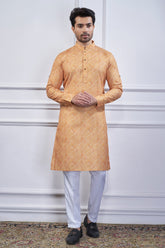 Light Orange Cotton Linen Printed Kurta Pajama